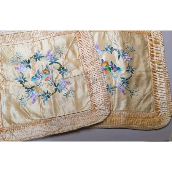 Vtg bai hau Peach Satin Pillow Cover Embroidered Mandarin Ducks Golden Bee 2